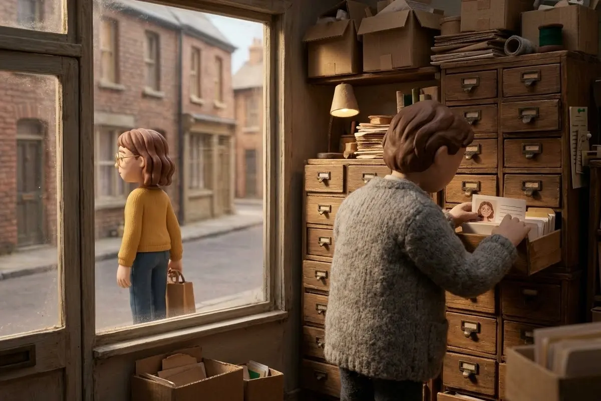 Un commerçant range une fiche avec le portrait de Lena dans un meuble, Lena se tient devant la vitrine sans se douter de rien